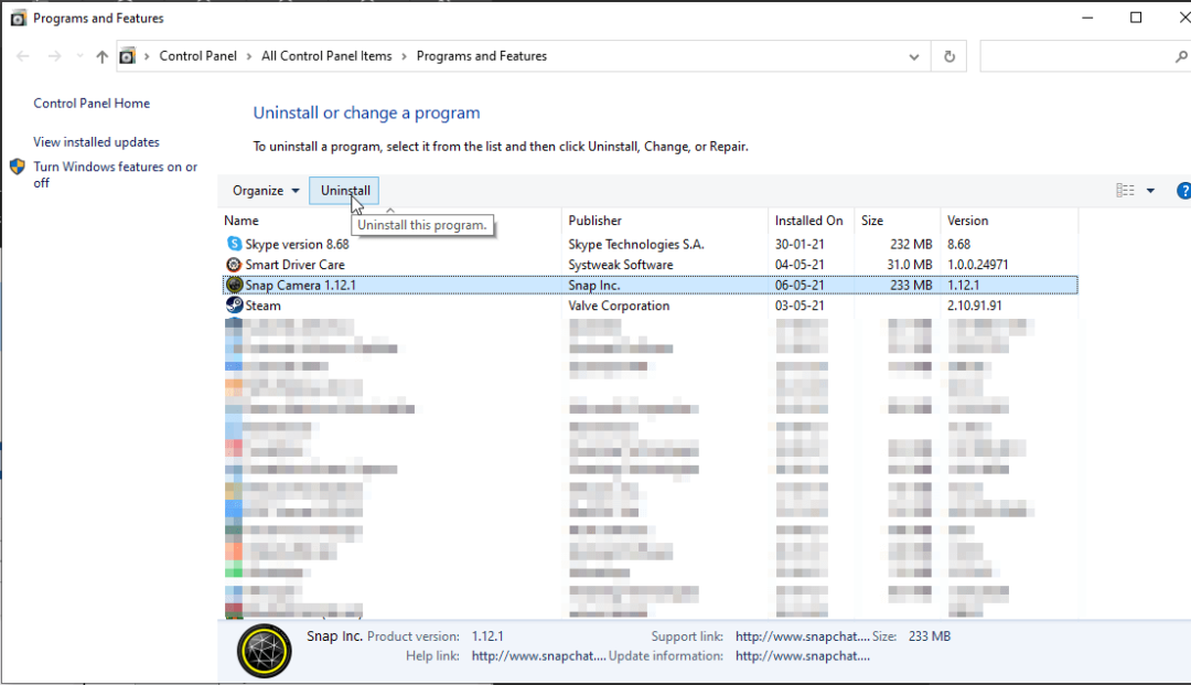 Uninstall Snap Camera in Windows