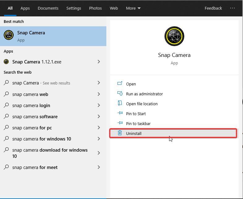 Uninstall Snap Camera in Windows