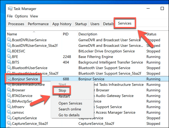 Disabling Bonjour Services on Windows10