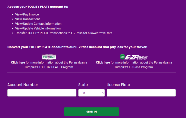 Login Requirements for the Pennsylvania Turnpike Toll By Plate