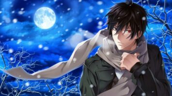 Bright anime-style character with dark hair and red eyes in a snowy, moonlit winter landscape.