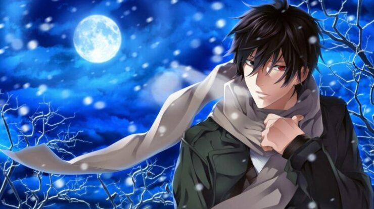 Bright anime-style character with dark hair and red eyes in a snowy, moonlit winter landscape.