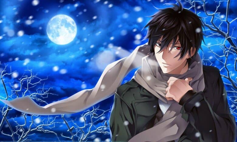 Bright anime-style character with dark hair and red eyes in a snowy, moonlit winter landscape.